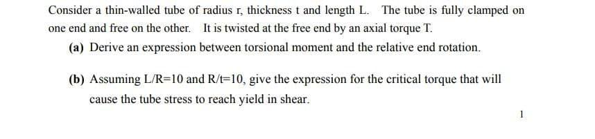 Solved Consider a thin-walled tube of radius r, thickness t | Chegg.com