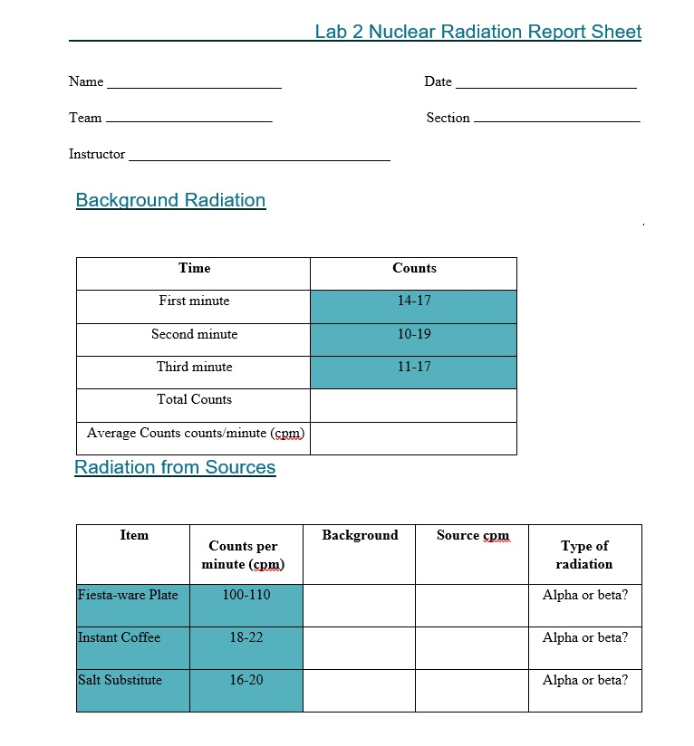 Lab 2 Nuclear Radiation Report Sheet Name Date Team