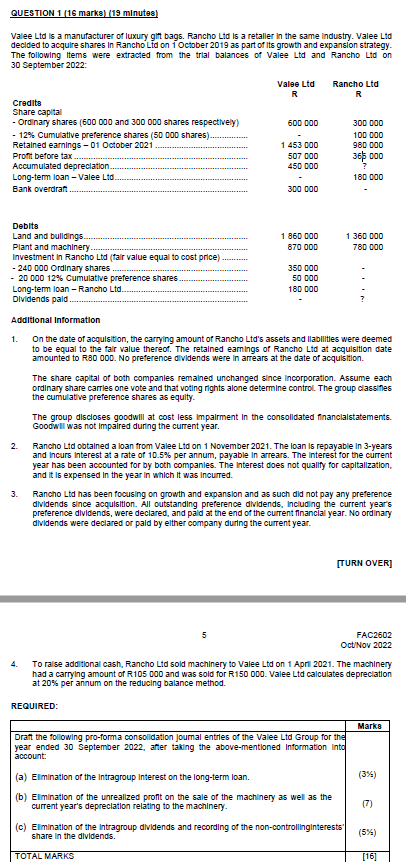 QUESTION 1 [16 marks) (19 minutes] Valee Ltd is a | Chegg.com