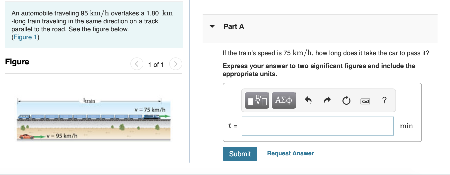 Solved An automobile traveling 95 km/h overtakes a 1.80 km | Chegg.com