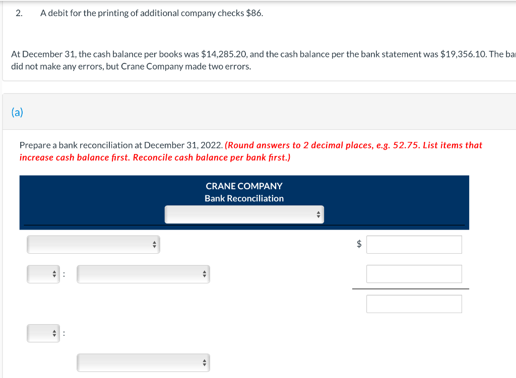 Solved The bank portion of the bank reconciliation for Crane