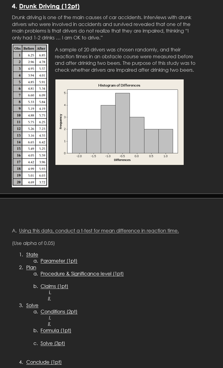 Solved Drunk driving is one of the main causes of car | Chegg.com