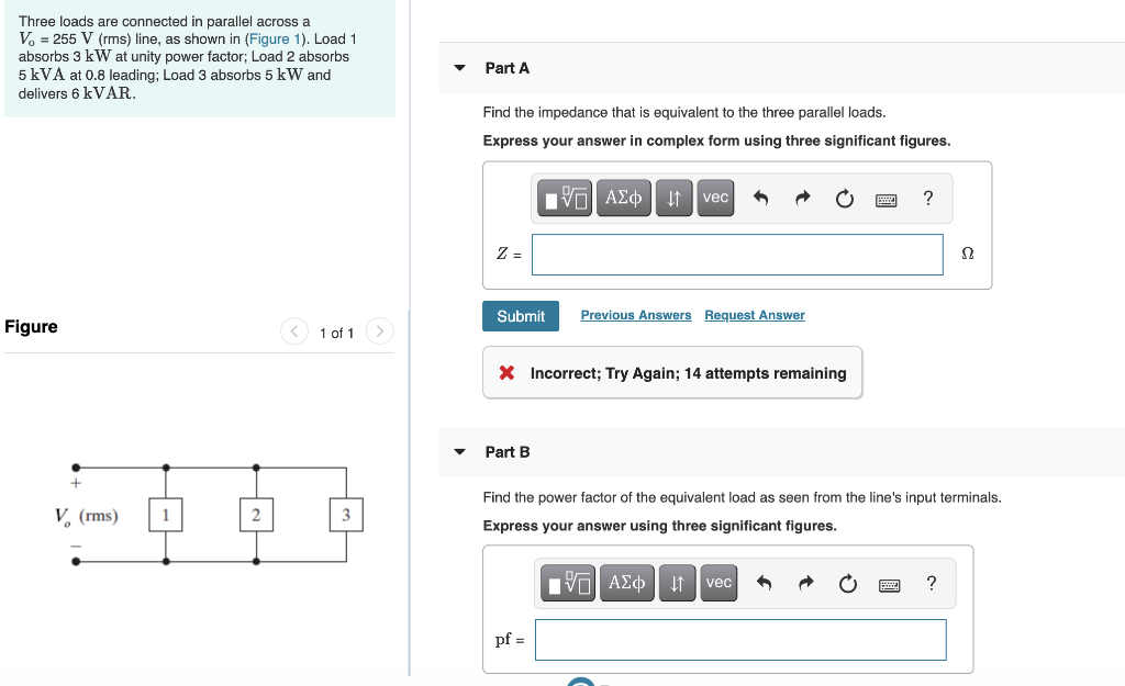 Solved Three Loads Are Connected In Parallel Across A V = | Chegg.com