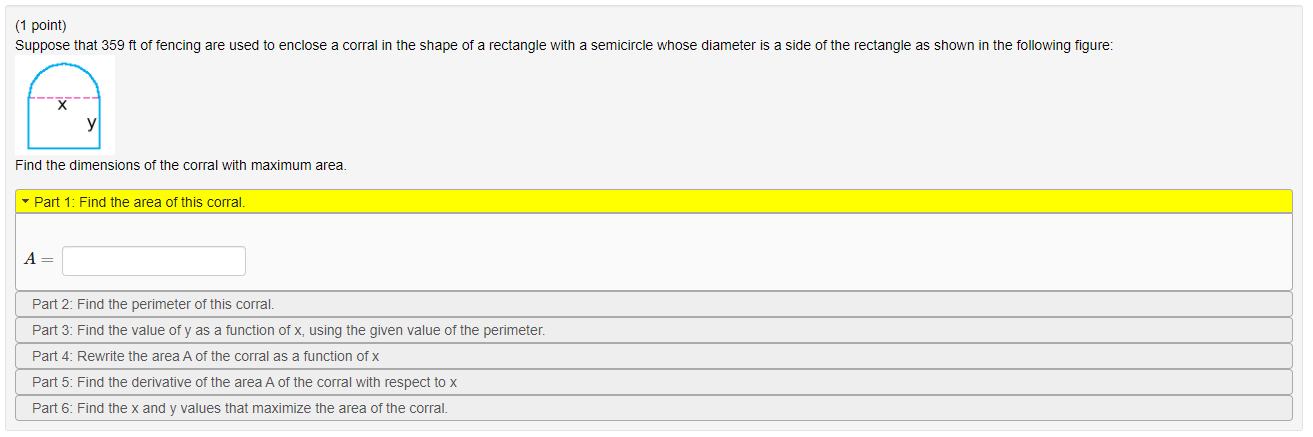 Solved (1 point) Suppose that 359 ft of fencing are used to | Chegg.com