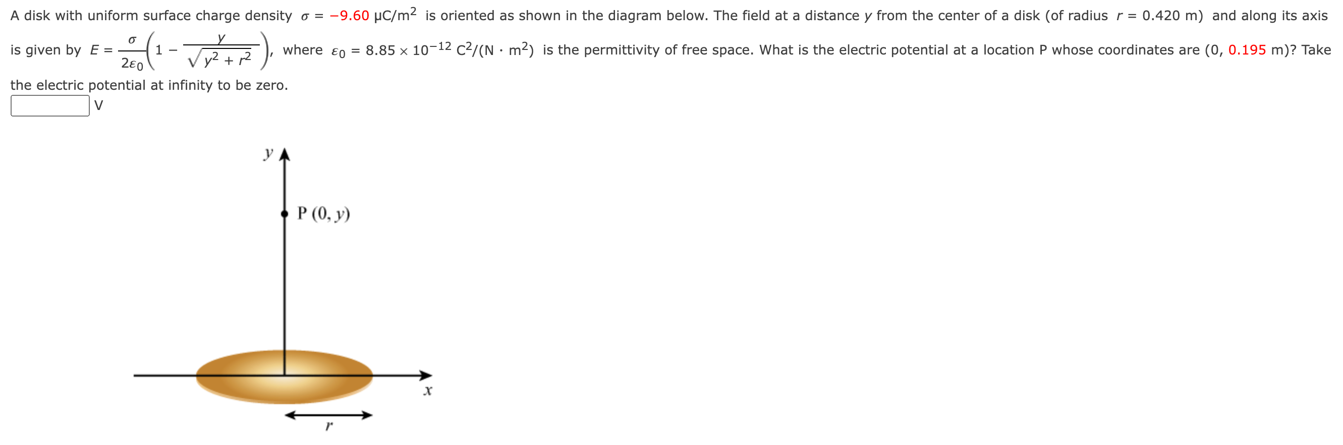 Solved A disk with uniform surface charge density o = -9.60 | Chegg.com