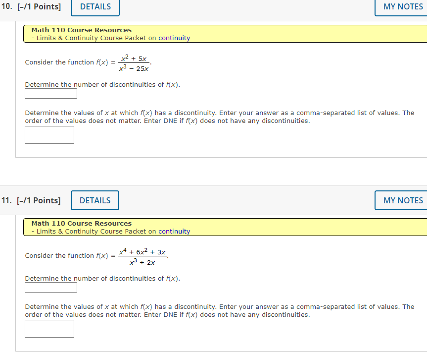 Solved Math 110 Course Resources - Limits \& Continuity | Chegg.com