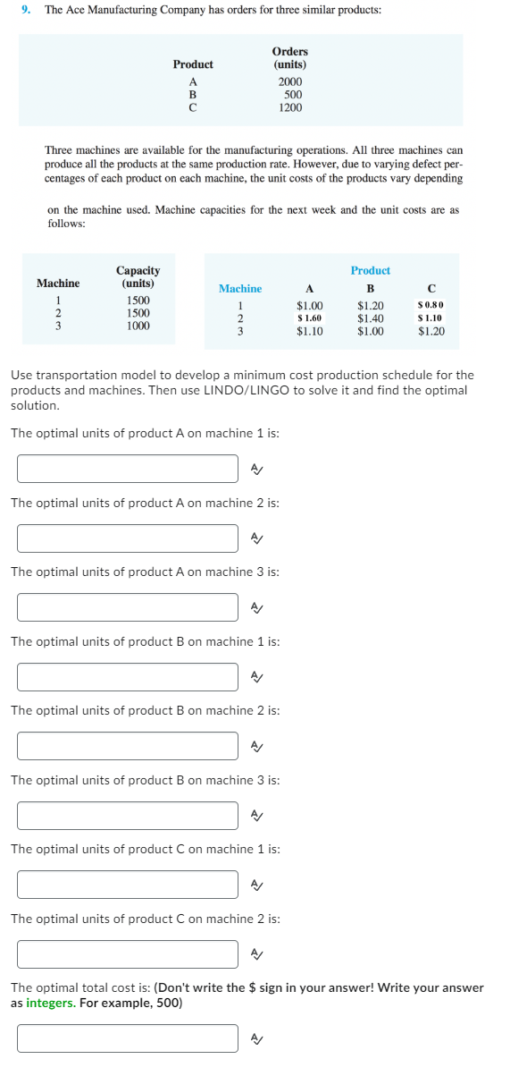 Solved 9. The Ace Manufacturing Company has orders for three | Chegg.com
