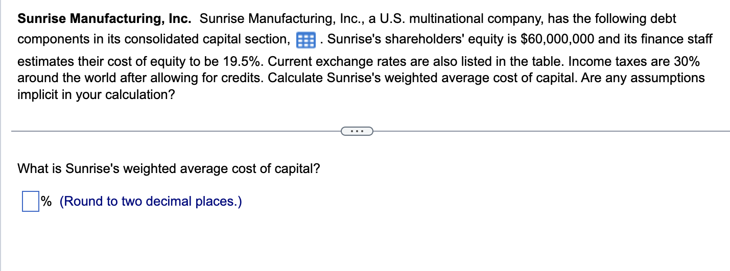 Solved Data tableSunrise Manufacturing, Inc. Sunrise