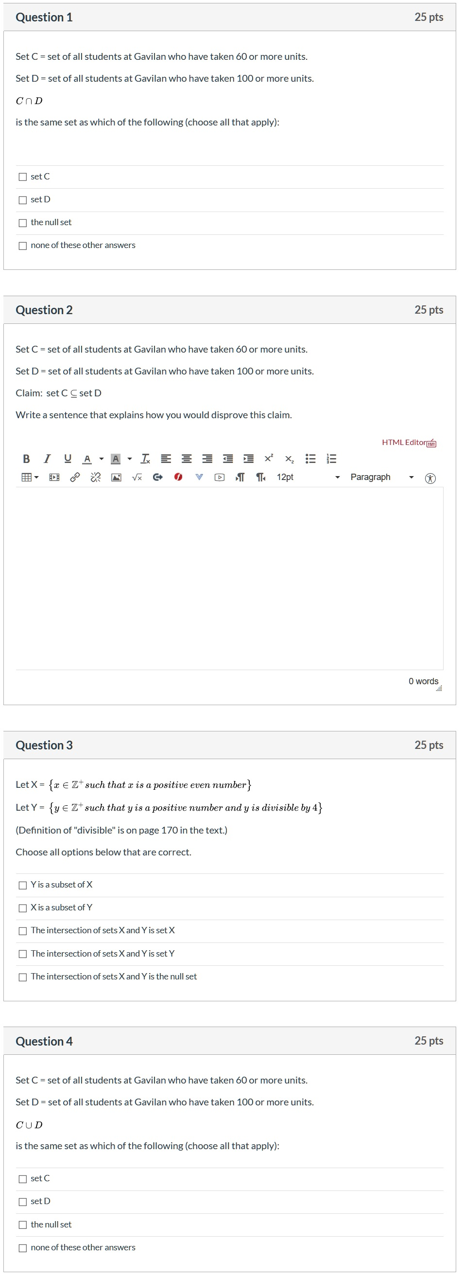 Solved Question 1 25 pts Set C = set of all students at | Chegg.com
