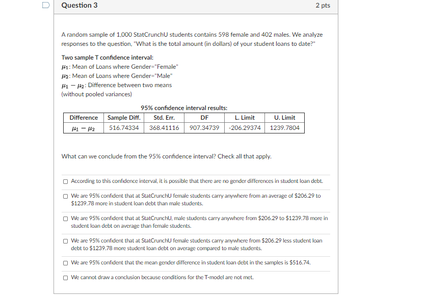 Solved Question 3 2 pts A random sample of 1,000 StatCrunch | Chegg.com