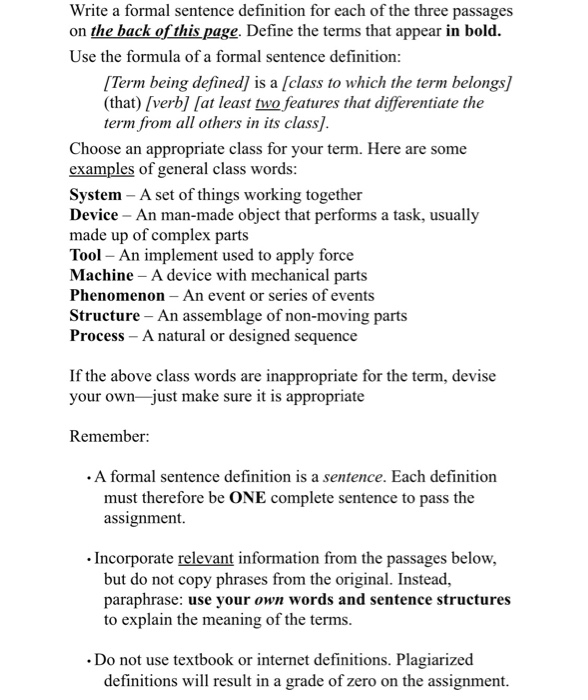 Write a formal sentence definition for each of the