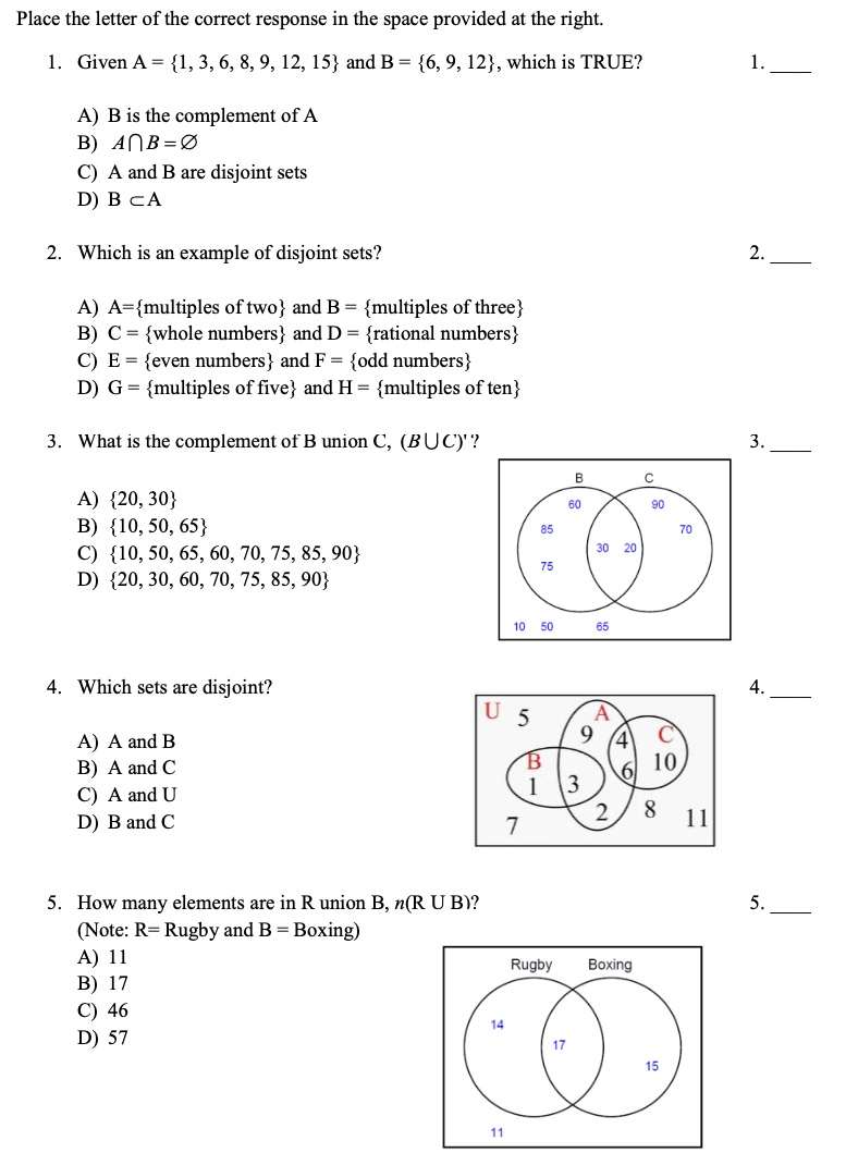 Solved Place the letter of the correct response in the space | Chegg.com