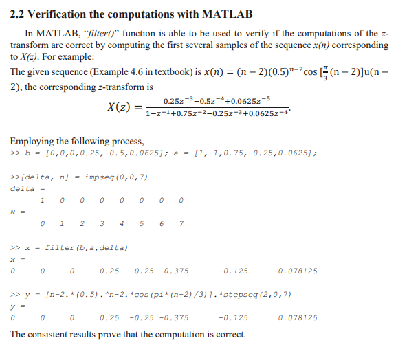 Solved 2.2 Verification the computations with MATLAB In | Chegg.com