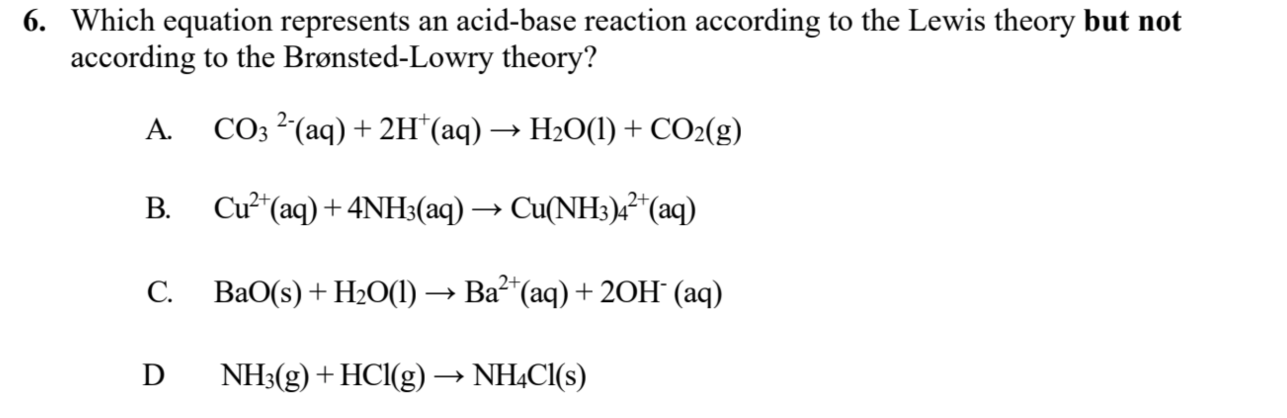 Solved 6. Which equation represents an acid-base reaction | Chegg.com