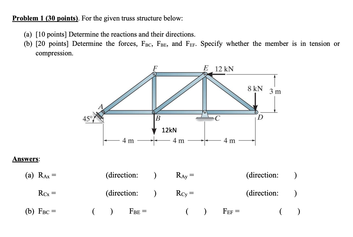 Solved Problem 1 (30 points). For the given truss structure | Chegg.com