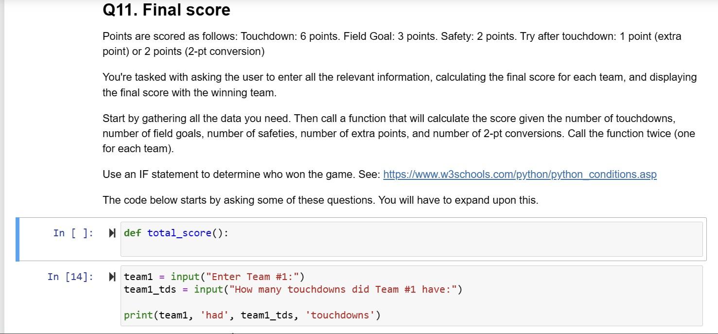 Solved Q11. Final score Points are scored as follows: | Chegg.com