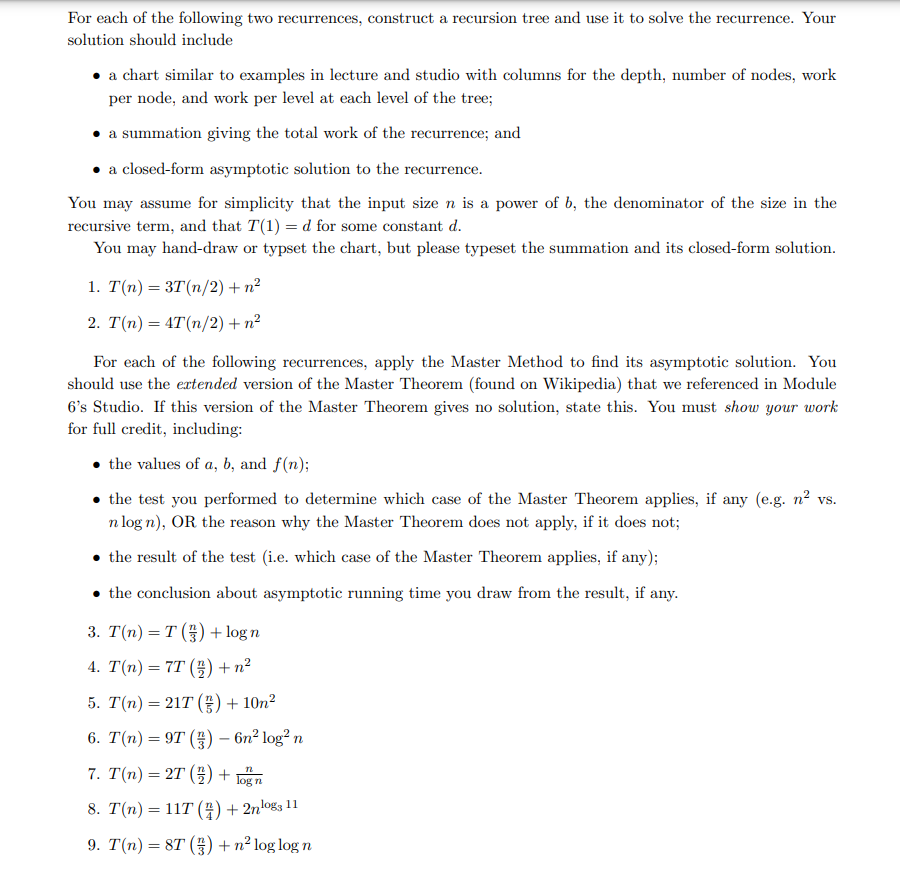 For each of the following two recurrences, construct | Chegg.com