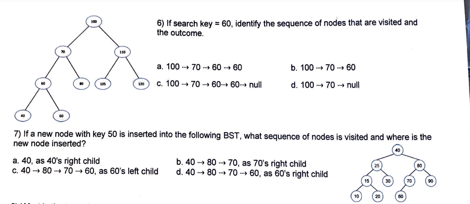 Solved 6) If search key =60, identify the sequence of nodes | Chegg.com