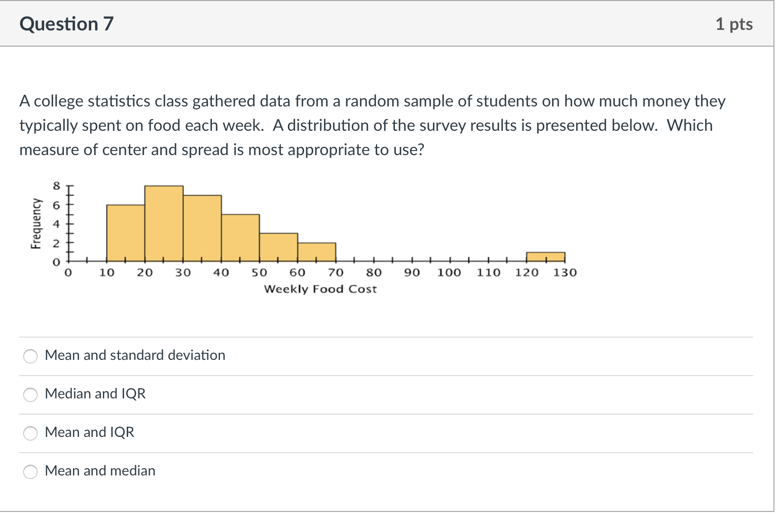 Solved Question 7 1 pts A college statistics class gathered | Chegg.com