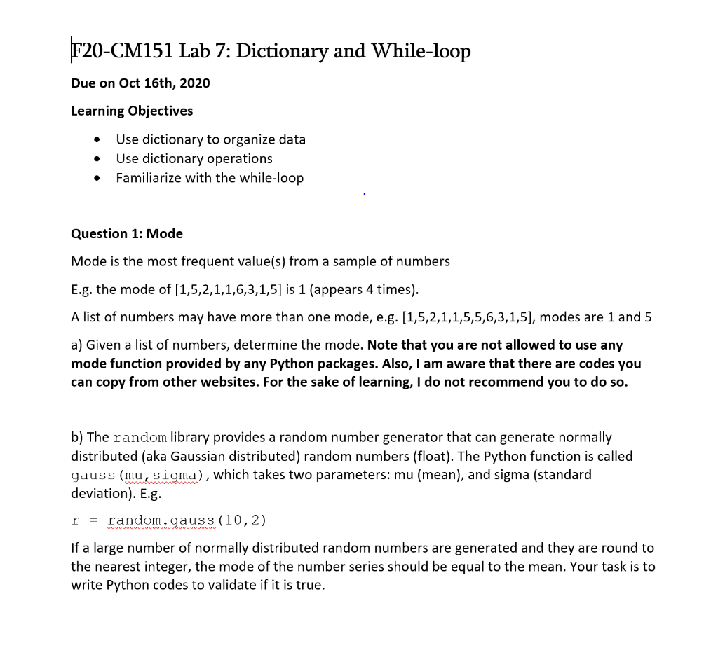 Solved F20-CM151 Lab 7: Dictionary and While-loop Due on Oct | Chegg.com