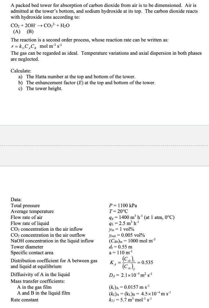 Solved A packed bed tower for absorption of carbon dioxide | Chegg.com