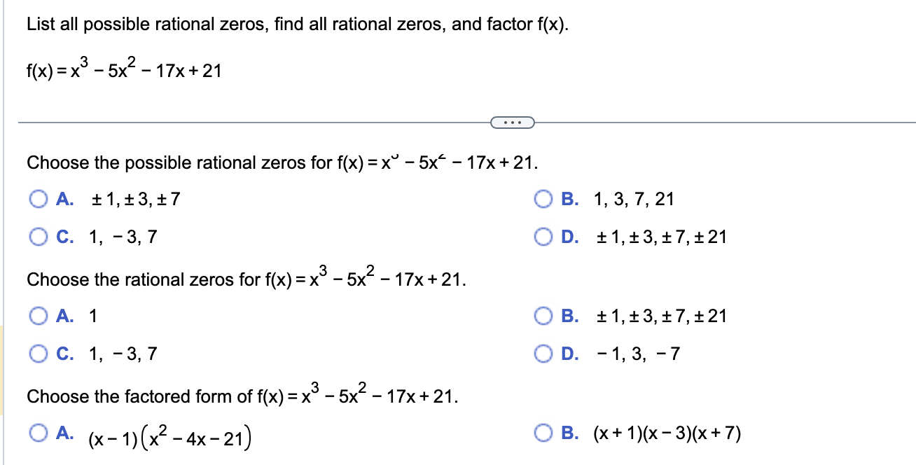 Solved List all possible rational zeros, find all rational | Chegg.com