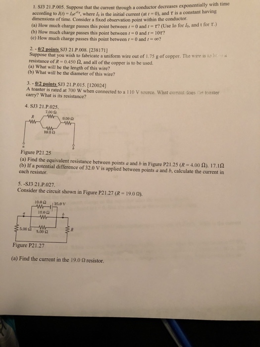 Solved 1. SJ3 21.P.00S. Suppose that the current through a | Chegg.com