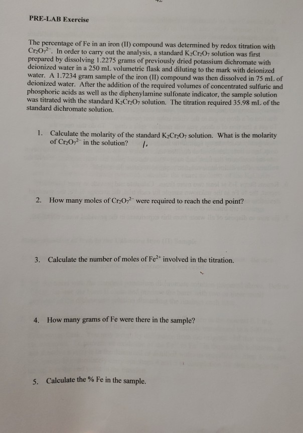 Solved PRE-LAB Exercise The percentage of Fe in an iron (11) | Chegg.com