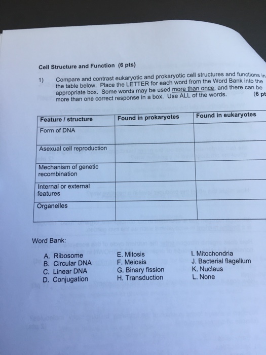 Solved Cell Structure and Function (6 pts) 1) Compare and | Chegg.com