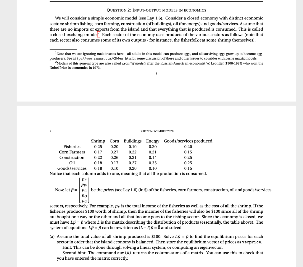 QUESTION 2: INPUT-OUTPUT MODELS IN ECONOMICS We will | Chegg.com