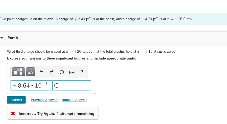 Solved Two point charges lie on the x axis. A charge of | Chegg.com