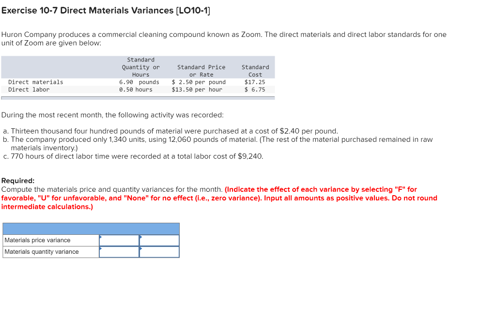 Solved Exercise 10-7 Direct Materials Variances (LO10-1) | Chegg.com