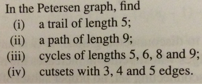 Solved In the Petersen graph, find (i) a trail of length 5; | Chegg.com