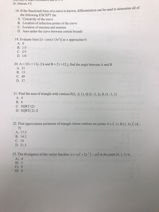 Solved CIVL 412 FE Math Homework due on 9-6 Dr. Ghanat, P.E | Chegg.com