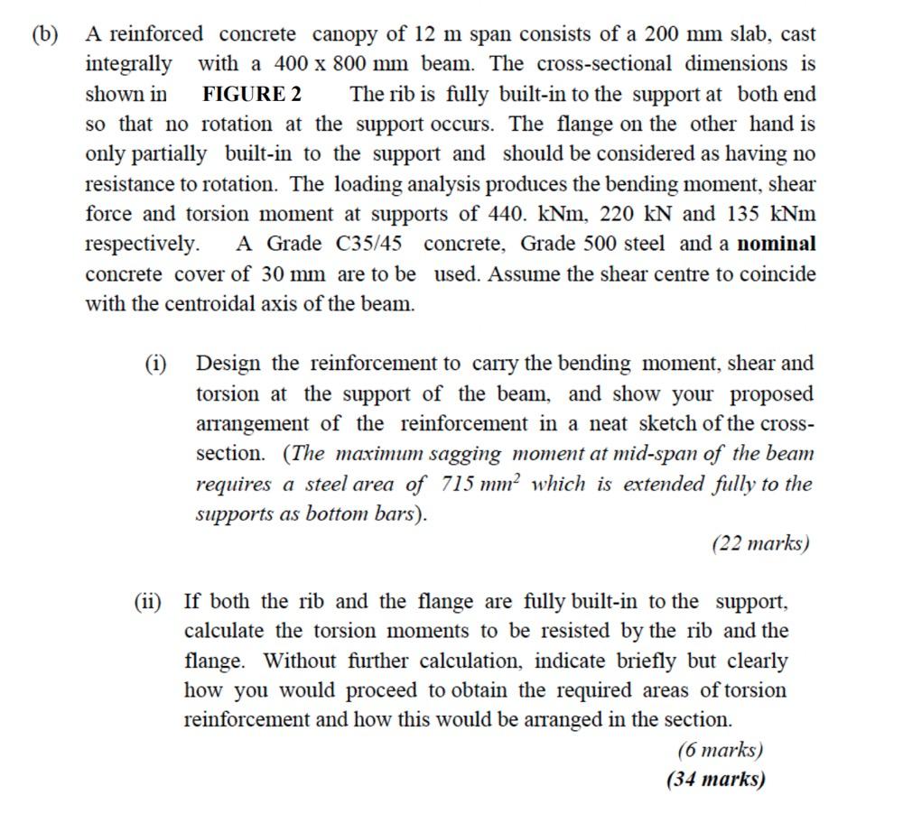 A reinforced concrete canopy of \( 12 \mathrm{~m} \) span consists of a \( 200 \mathrm{~mm} \) slab, cast integrally with a \