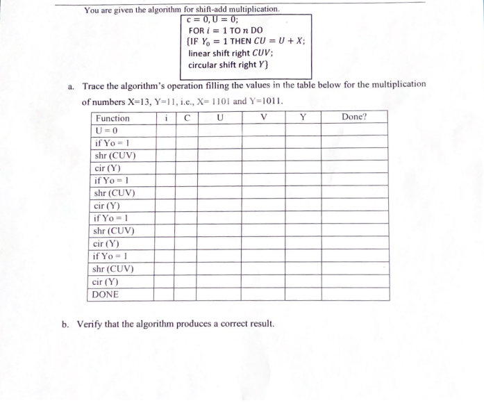 Solved You are given the algorithm for shift-add | Chegg.com