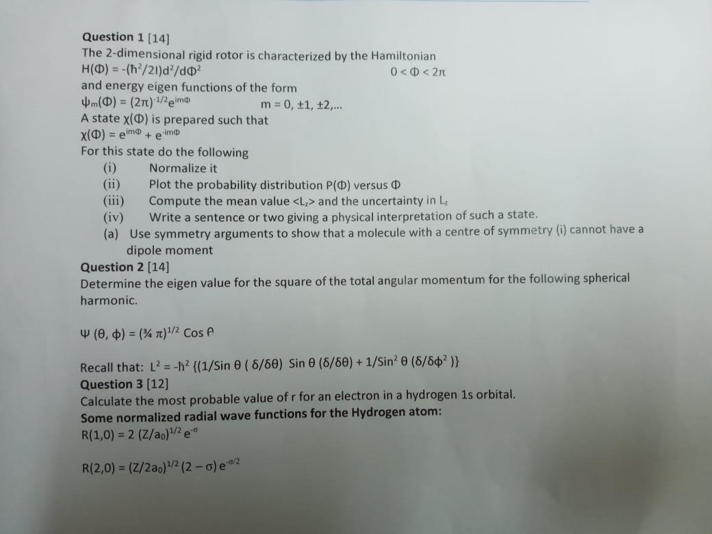 Solved Question 1 (14) The 2-dimensional rigid rotor is | Chegg.com