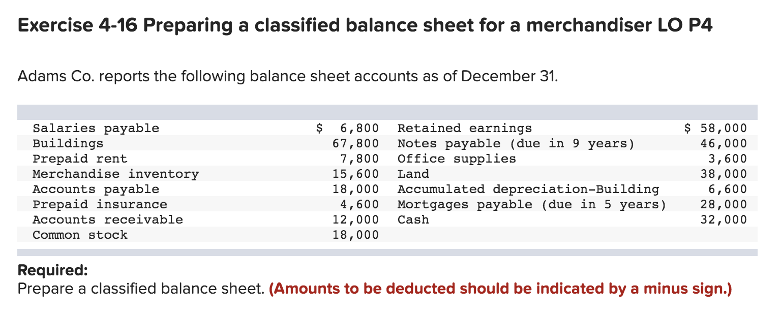 Solved Exercise 4-16 Preparing a classified balance sheet | Chegg.com