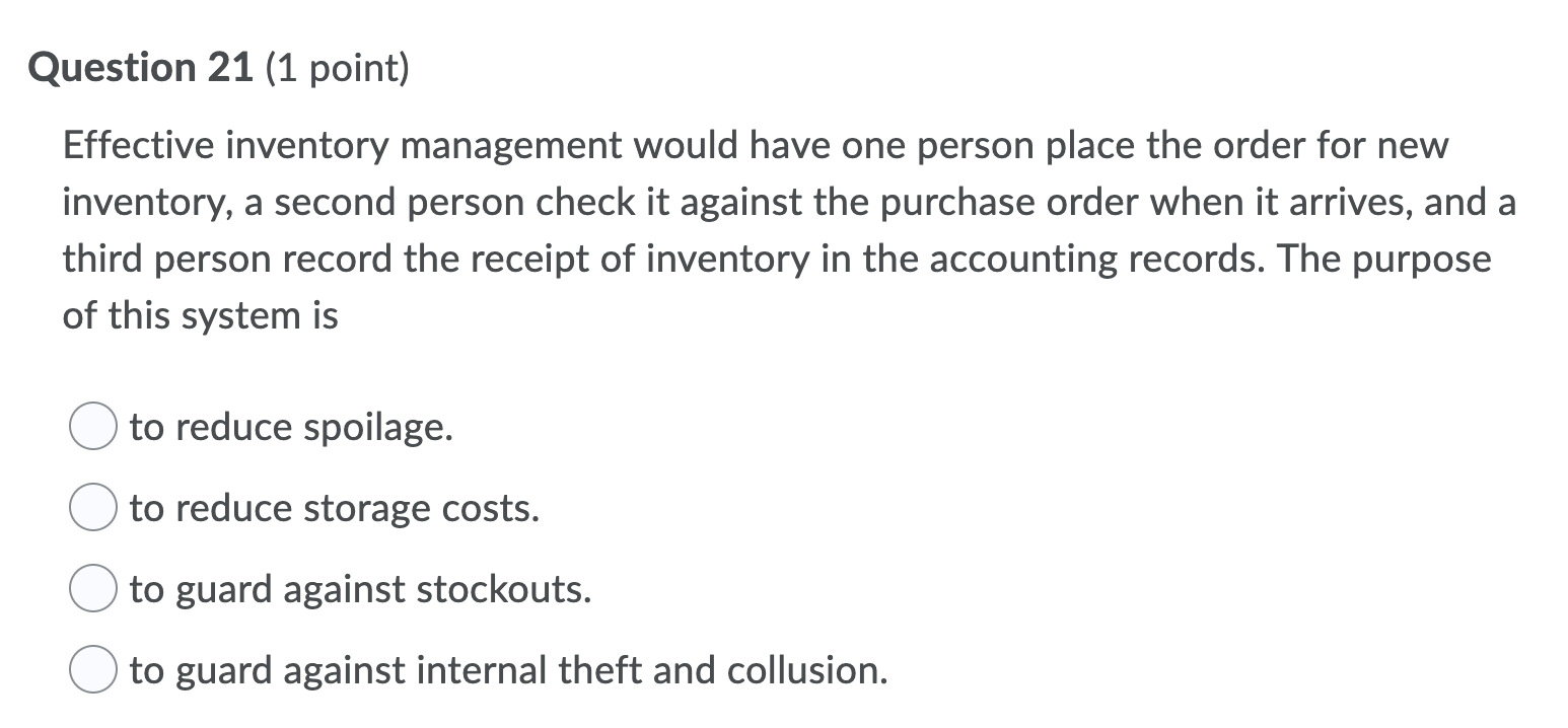 Solved Question 21 (1 point) Effective inventory management | Chegg.com