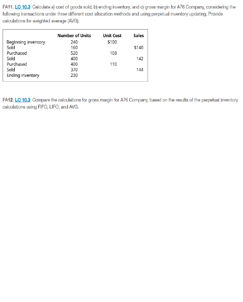 Solved PA11. LO 10.3 Calculate A) Cost Of Goods Sold, B) | Chegg.com