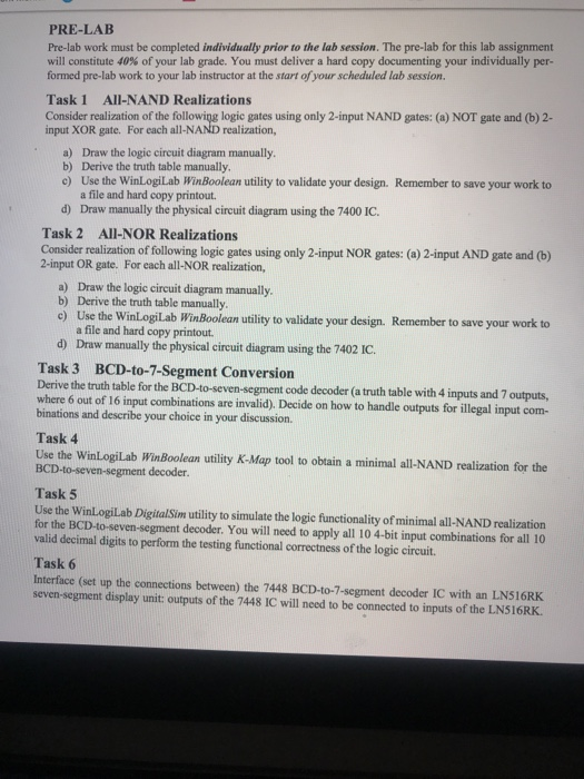 Solved PRE-LAB Pre-lab Work Must Be Completed Individually | Chegg.com