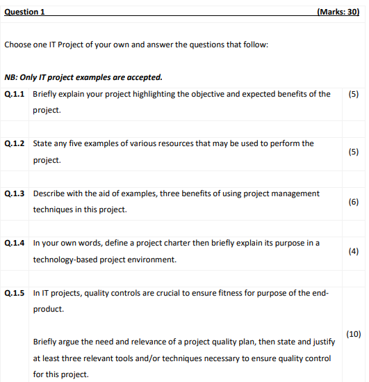 Solved Question 1 (Marks: Choose One IT Project Of Your Own | Chegg.com