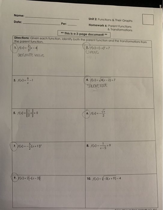 parent functions homework answers
