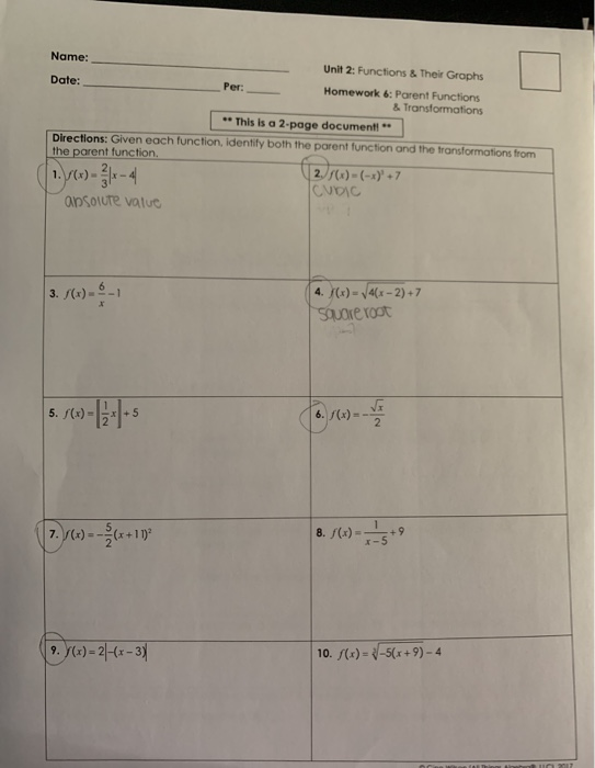 Parent Functions And Transformations Worksheet Worksheets 8th Grade