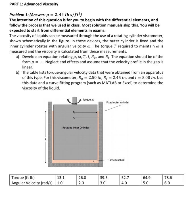 Solved PART 1: Advanced Viscosity Problem 1: (Answer: μ = | Chegg.com