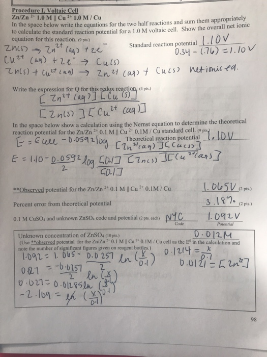 Solved Procedure L. Voltaic Cell Zn/Zn 2+1.0 M Cu 2 1.0
