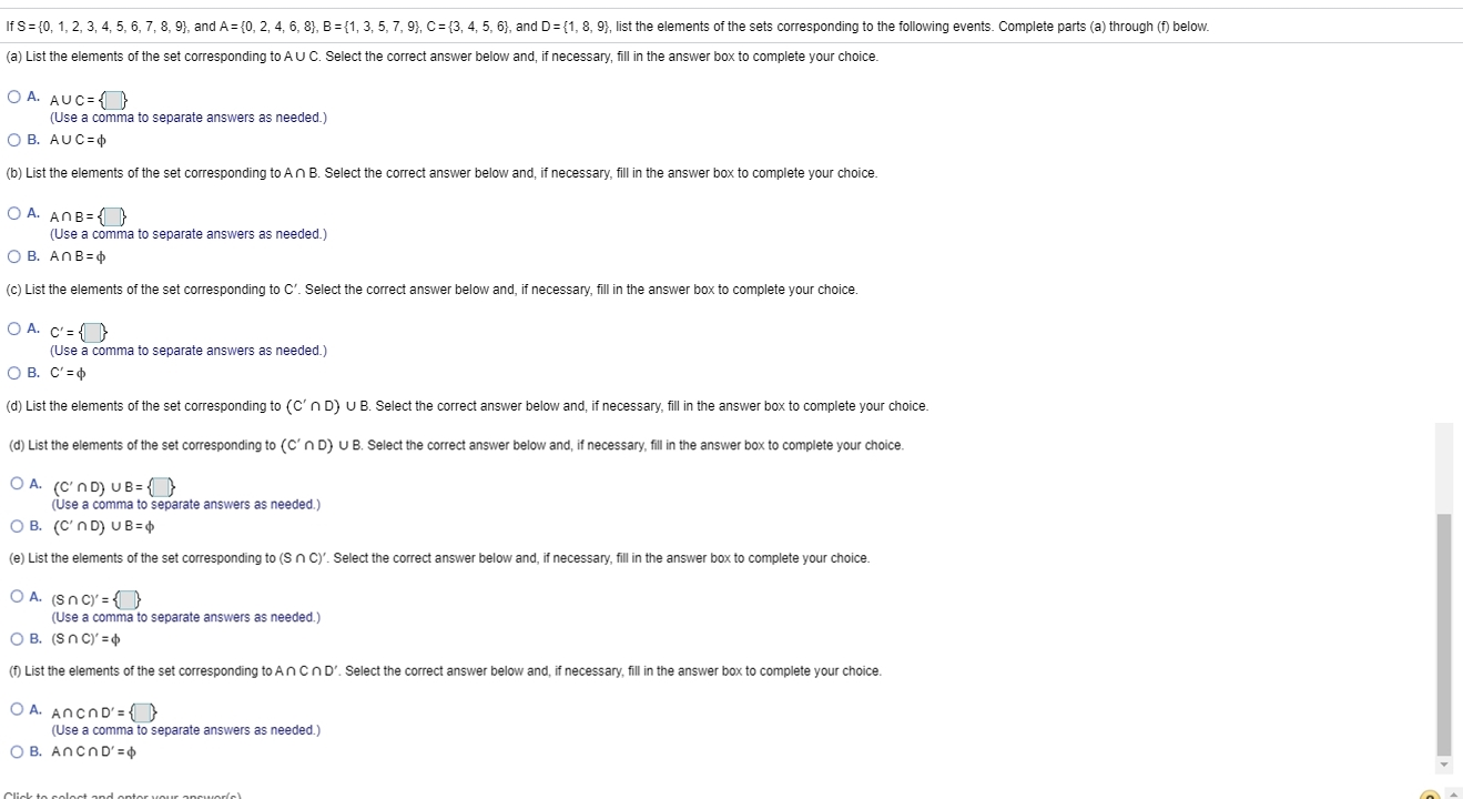 Solved If S = {0, 1, 2, 3, 4, 5, 6, 7, 8, 9), and A = {0, 2, | Chegg.com