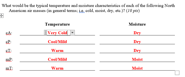 Solved Temperature options: very cold, very hot, cold/mild, | Chegg.com