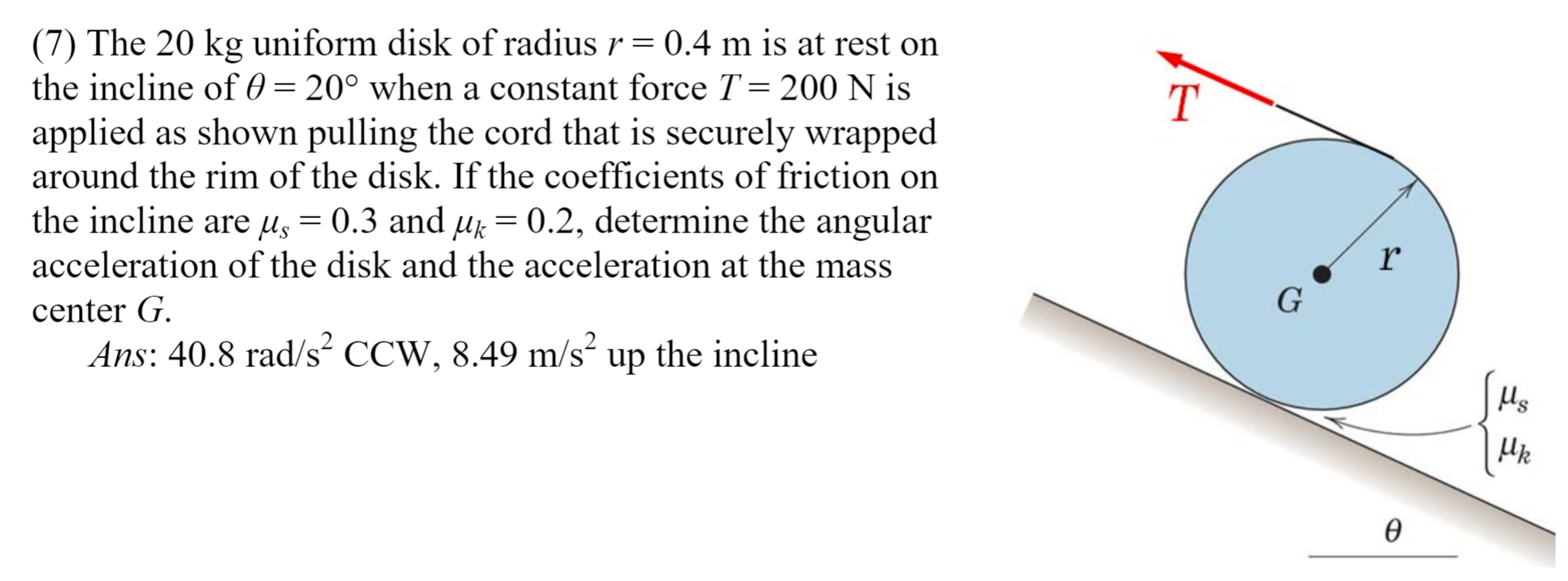 Solved T (7) The 20 kg uniform disk of radius r = 0.4 m is | Chegg.com