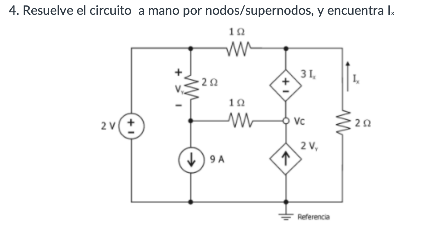 4. Resuelve el circuito a mano por nodos/supernodos, y encuentra \( I_{x} \)